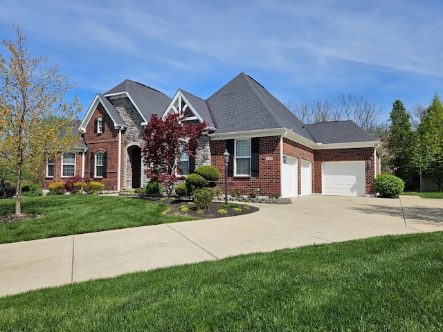 view of front of property featuring a garage, brick siding, a front lawn, driveway, and roof with shingles