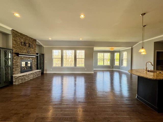 unfurnished living room with a sink, ornamental molding, healthy amount of natural light, dark wood-style floors, and baseboards