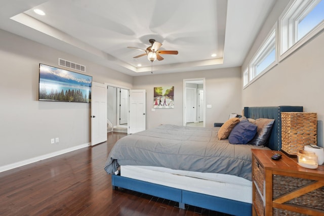 574 Ravensridge Ct, Alexandria, KY 41001 - bedroom with recessed lighting, a raised ceiling, hardwood / wood-style flooring, baseboards, and ceiling fan