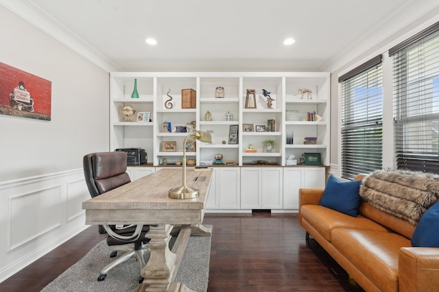 574 Ravensridge Ct, Alexandria, KY 41001 - office with dark wood finished floors, wainscoting, ornamental molding, a decorative wall, and recessed lighting
