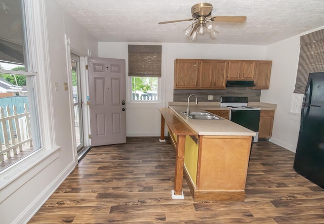 3213 Decoursey Ave, Covington, KY 41015 - kitchen featuring a sink, electric range oven, freestanding refrigerator, under cabinet range hood, and light countertops