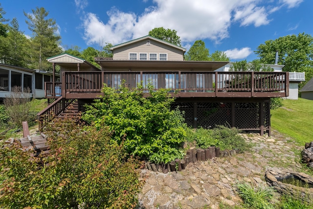 335 Fernwood Dr, Williamstown, KY 41097 - rear view of house featuring a wooden deck, a sunroom, and stairway