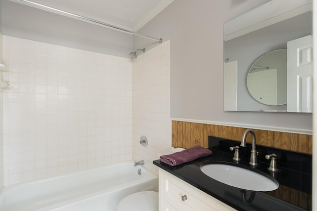 335 Fernwood Dr, Williamstown, KY 41097 - bathroom with shower / bathtub combination, ornamental molding, vanity, toilet, and a wainscoted wall