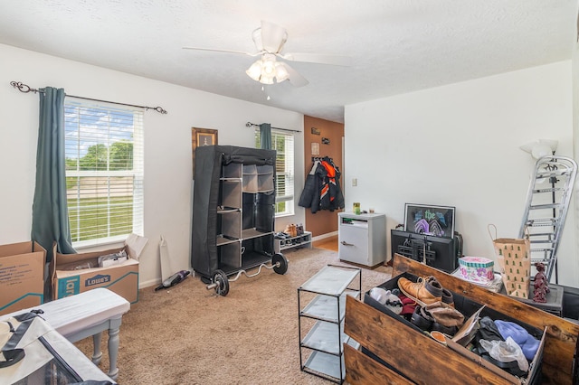 carpeted living area with plenty of natural light, ceiling fan, and baseboards