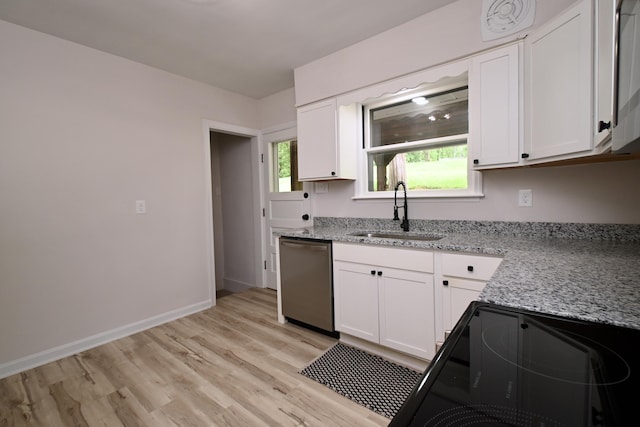 529 Stevenson Rd, Erlanger, KY 41018 - kitchen featuring dishwasher, a sink, white cabinetry, light stone countertops, and light wood-type flooring