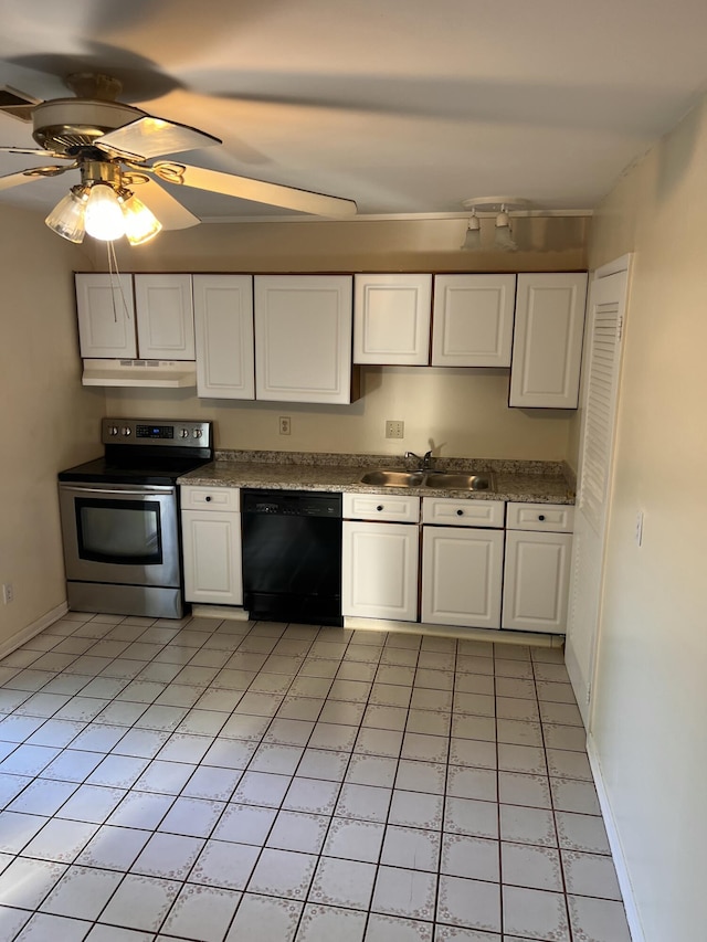 kitchen with stainless steel electric range, black dishwasher, a sink, white cabinets, and under cabinet range hood