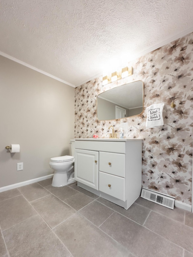 1101 Mckinney Ave, Dayton, KY 41074 - half bathroom featuring wallpapered walls, crown molding, baseboards, toilet, and a textured ceiling