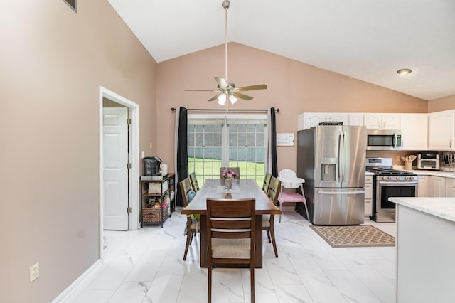 37 Pinhook Pl, Crittenden, KY 41030 - dining space featuring ceiling fan, high vaulted ceiling, and light marble finish flooring