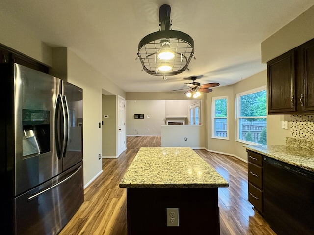 1317 Brook Ct, Erlanger, KY 41018 - kitchen featuring stainless steel fridge with ice dispenser, dishwasher, ceiling fan, dark brown cabinetry, and dark wood-type flooring