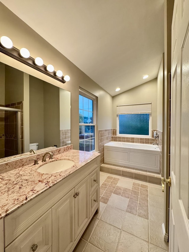 1317 Brook Ct, Erlanger, KY 41018 - full bathroom with a bath, vanity, toilet, a stall shower, and recessed lighting