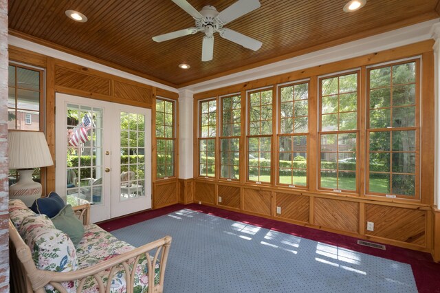69 Linden Ave, Fort Thomas, KY 41075 - sunroom with french doors, wood ceiling, carpet flooring, ceiling fan, and recessed lighting