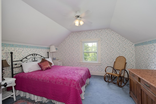 69 Linden Ave, Fort Thomas, KY 41075 - carpeted bedroom featuring lofted ceiling, wallpapered walls, and ceiling fan