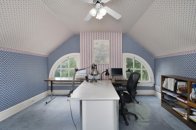 69 Linden Ave, Fort Thomas, KY 41075 - carpeted office space featuring wallpapered walls, lofted ceiling, plenty of natural light, ceiling fan, and baseboards