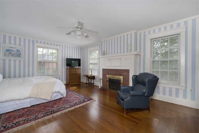 69 Linden Ave, Fort Thomas, KY 41075 - bedroom featuring wallpapered walls, baseboards, a fireplace, wood finished floors, and ceiling fan