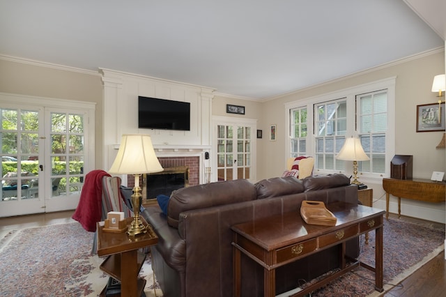 69 Linden Ave, Fort Thomas, KY 41075 - living area with crown molding, a brick fireplace, and wood finished floors