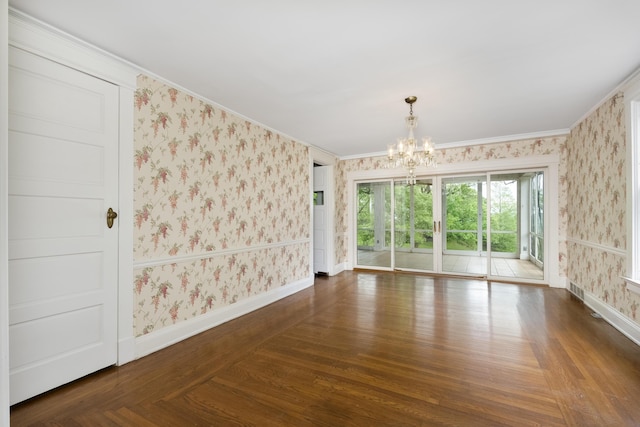 32 S Shaw Ln, Fort Thomas, KY 41075 - empty room featuring wallpapered walls, baseboards, a chandelier, ornamental molding, and wood finished floors