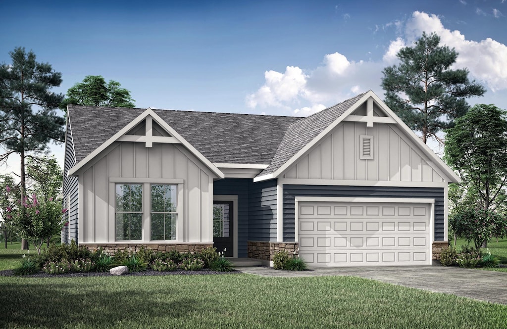 view of front facade with board and batten siding, roof with shingles, and driveway