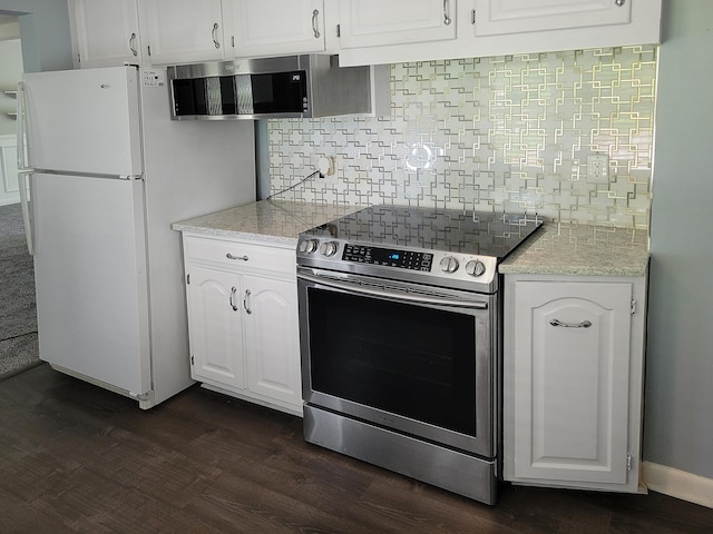 107 Timberlake Ave, Erlanger, KY 41018 - kitchen featuring stainless steel appliances, dark wood-style floors, tasteful backsplash, white cabinetry, and light stone countertops