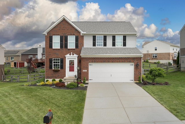 view of front facade featuring a garage, concrete driveway, a shingled roof, and brick siding
