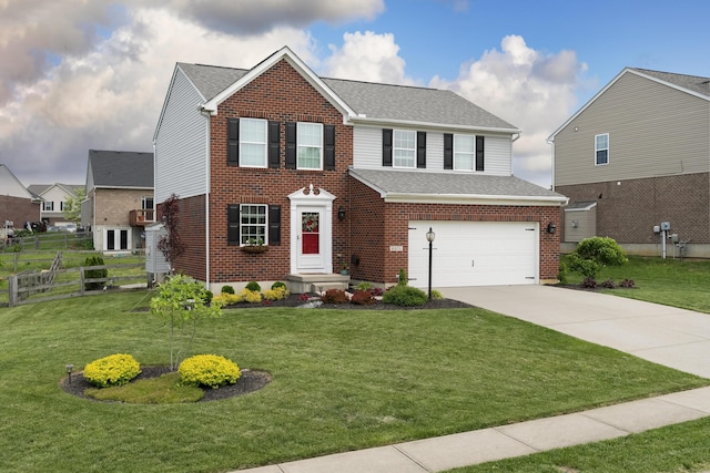 view of front of property with an attached garage, concrete driveway, brick siding, and a shingled roof