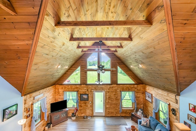 living area with wood ceiling, wood finished floors, wood walls, high vaulted ceiling, and beamed ceiling