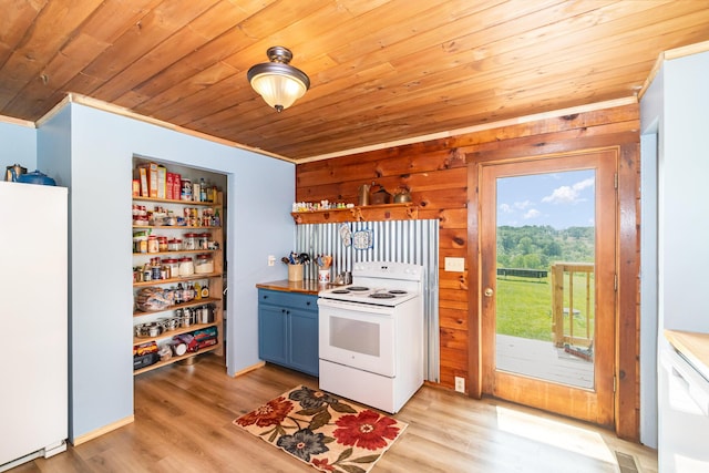 kitchen with white appliances, wooden ceiling, wooden walls, blue cabinetry, and light wood finished floors