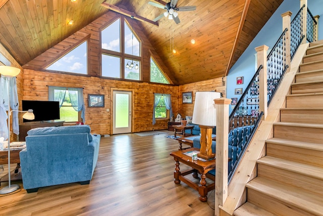 living room featuring stairs, wooden ceiling, high vaulted ceiling, plenty of natural light, and wood finished floors