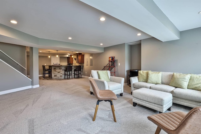 2011 Holderness Dr, Union, KY 41091 - living room with baseboards, stairs, recessed lighting, and light colored carpet