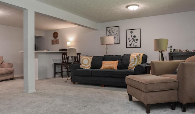 living area with carpet and a textured ceiling