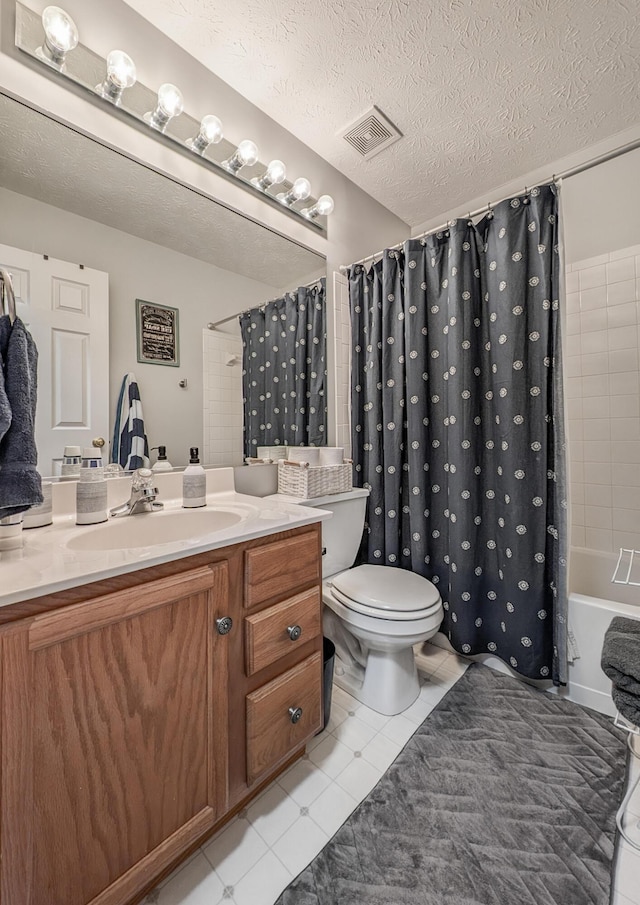 bathroom featuring toilet, vanity, a textured ceiling, and shower / bath combination with curtain