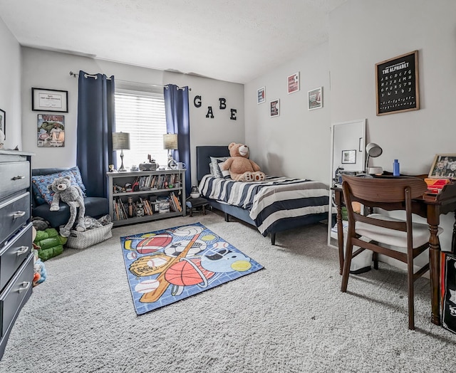 bedroom featuring carpet floors and an office area
