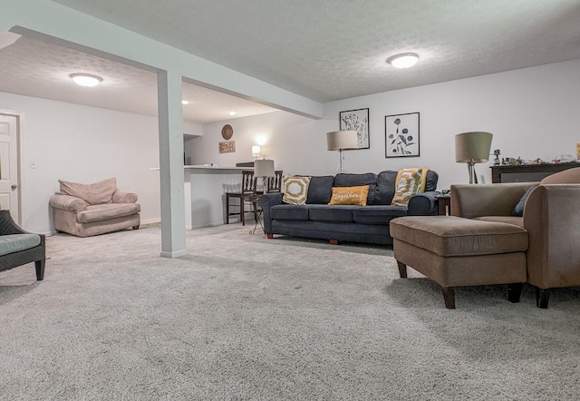 living room with carpet floors and a textured ceiling