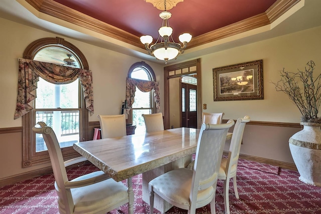 9015 Washington Trace Rd, California, KY 41007 - dining area featuring a tray ceiling, ornamental molding, a chandelier, and plenty of natural light