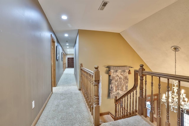 9015 Washington Trace Rd, California, KY 41007 - hallway featuring an upstairs landing, carpet, vaulted ceiling, and recessed lighting