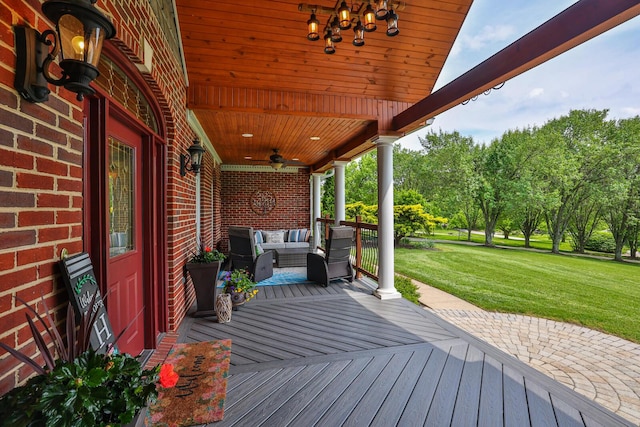 9015 Washington Trace Rd, California, KY 41007 - deck featuring an outdoor living space, ceiling fan, a lawn, and view of scattered trees