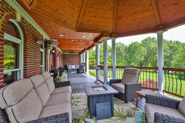 9015 Washington Trace Rd, California, KY 41007 - wooden deck with an outdoor living space with a fire pit and a ceiling fan