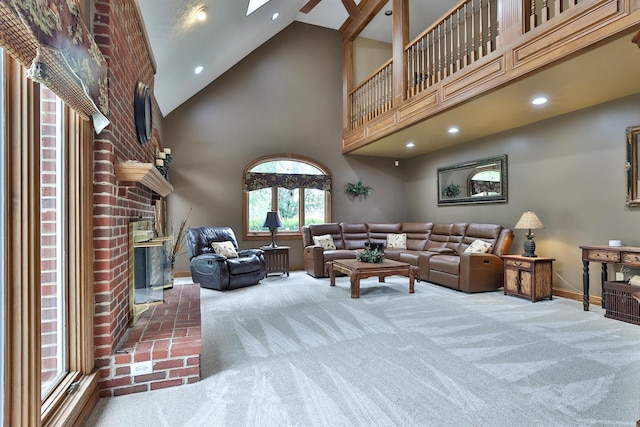 9015 Washington Trace Rd, California, KY 41007 - carpeted living room with a brick fireplace, high vaulted ceiling, and recessed lighting