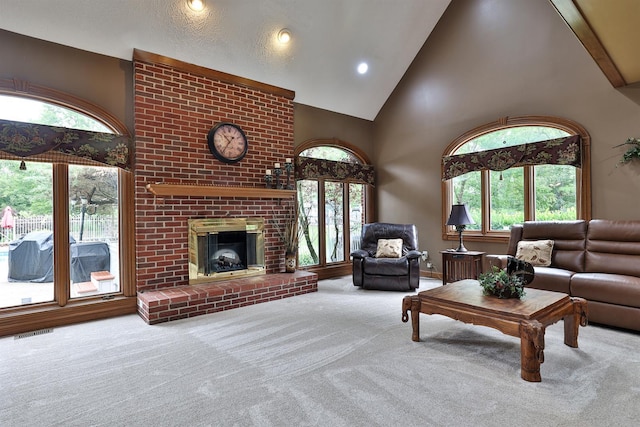 9015 Washington Trace Rd, California, KY 41007 - living area featuring carpet flooring, high vaulted ceiling, healthy amount of natural light, a brick fireplace, and recessed lighting