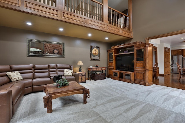 9015 Washington Trace Rd, California, KY 41007 - living area featuring carpet, a towering ceiling, and recessed lighting