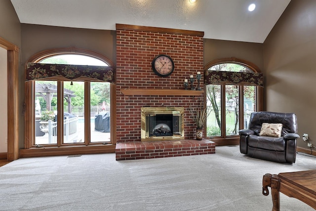 9015 Washington Trace Rd, California, KY 41007 - living room with carpet flooring, a fireplace, and lofted ceiling