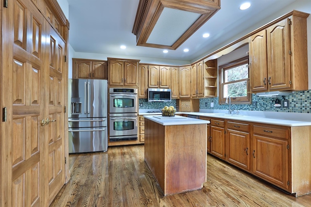 9015 Washington Trace Rd, California, KY 41007 - kitchen featuring appliances with stainless steel finishes, backsplash, open shelves, light countertops, and recessed lighting