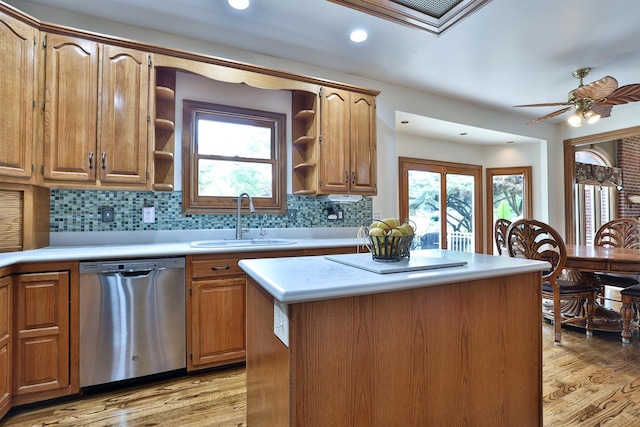 9015 Washington Trace Rd, California, KY 41007 - kitchen featuring dishwasher, open shelves, a kitchen island, light wood-style floors, and recessed lighting