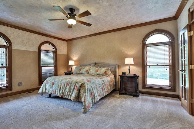 9015 Washington Trace Rd, California, KY 41007 - carpeted bedroom featuring a textured wall, multiple windows, ceiling fan, and crown molding