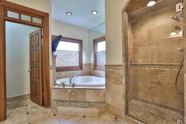 9015 Washington Trace Rd, California, KY 41007 - bathroom featuring a bath, a shower stall, tile patterned flooring, and recessed lighting