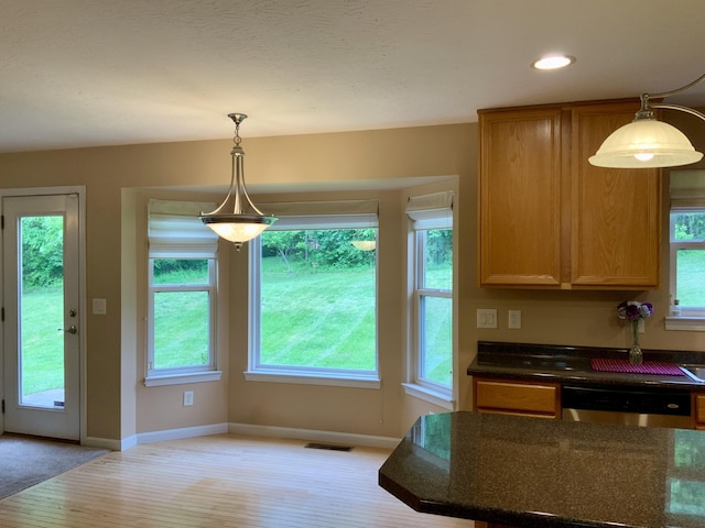 kitchen with stainless steel dishwasher, light wood finished floors, baseboards, dark stone countertops, and recessed lighting