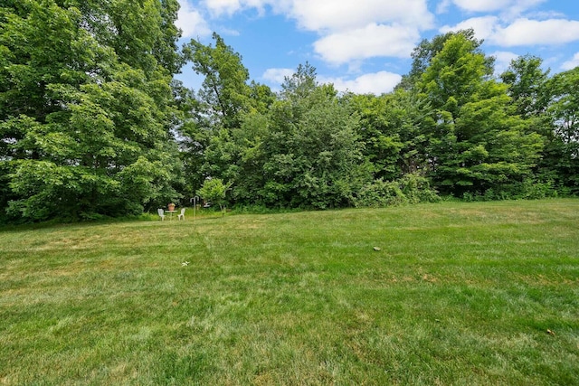 view of grassy yard with a view of trees