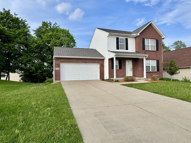 traditional home featuring an attached garage, driveway, a front yard, brick siding, and a shingled roof
