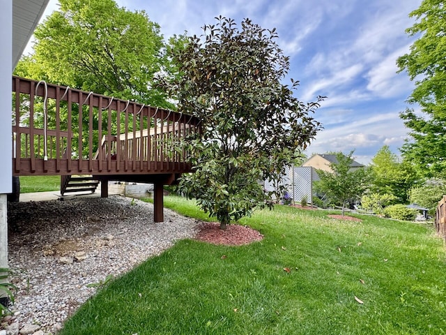 view of green lawn featuring a deck