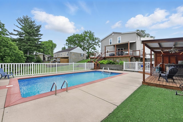 17 Harrison Ave, Bellevue, KY 41073 - view of swimming pool featuring a deck, a patio area, stairs, and ceiling fan