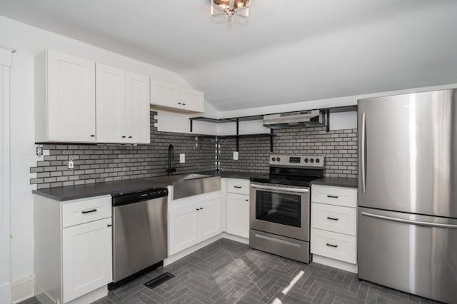 2730 Dakota Ave, Covington, KY 41015 - kitchen with appliances with stainless steel finishes, exhaust hood, a sink, open shelves, and dark countertops